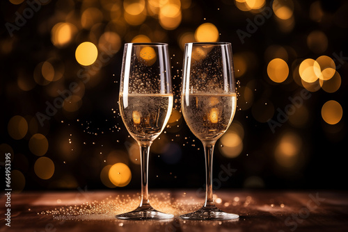 Two glasses of sparkling wine on a festive New Year's Eve background.