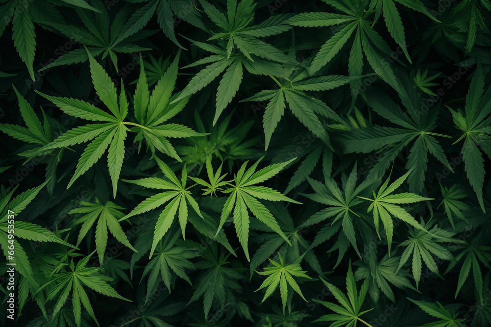 A backdrop of large cannabis leaves, arranged in a chaotic pattern. A backdrop of large cannabis leaves, arranged in a chaotic pattern.