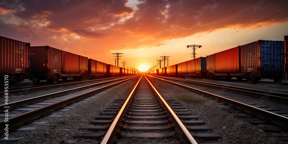 A freight train carries containers at sunset. - obrazy, fototapety, plakaty 