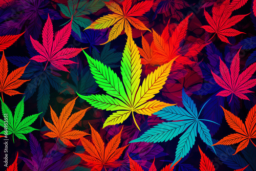 A backdrop of large cannabis leaves, arranged in a chaotic pattern.