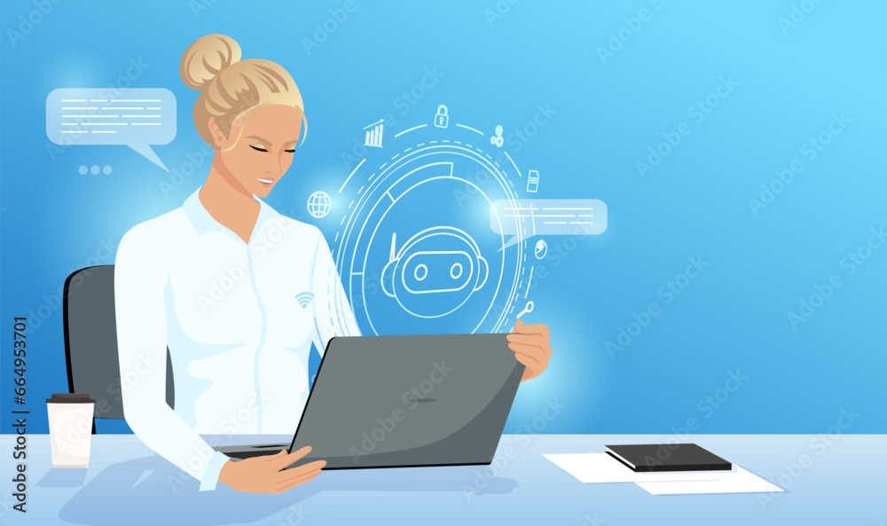 Businesswoman typing on laptop, using chat bot to text online with friend. Robot with circle hologram. Artificial intelligence technology. Digital machinery. Futuristic innovation. Vector illustration Businesswoman typing on laptop, using chat bot to text online with friend. Robot with circle hologram. Artificial intelligence technology. Digital machinery. Futuristic innovation. Vector illustration