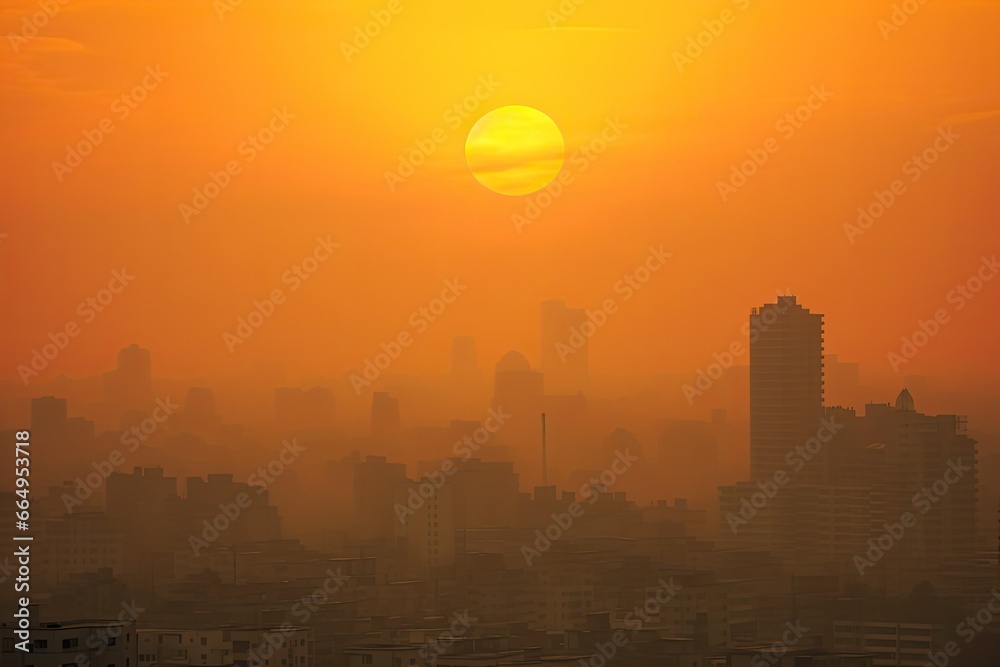 Smog and fine dust covering a city in the morning with orange sky. Cityscape with polluted air. Dirty environment. Air pollution and global warming concept.