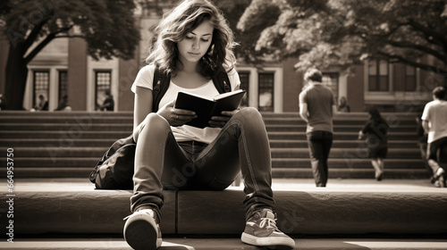 A young student outside university campus, excited to start the new semester.