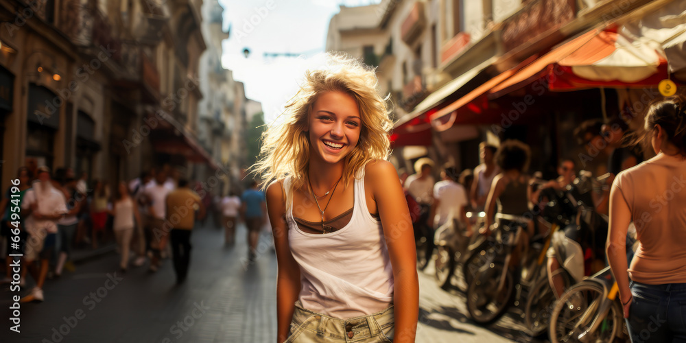 Blonde young woman joyfully exploring European streets.