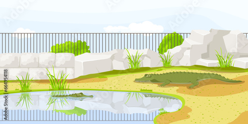 African alligator lying near fence with pond in zoo enclosure. Safari vacation. Natural wildlife. Cartoon design. Cute crocodile character. Picturesque landscape. Wild savanna. Vector illustration