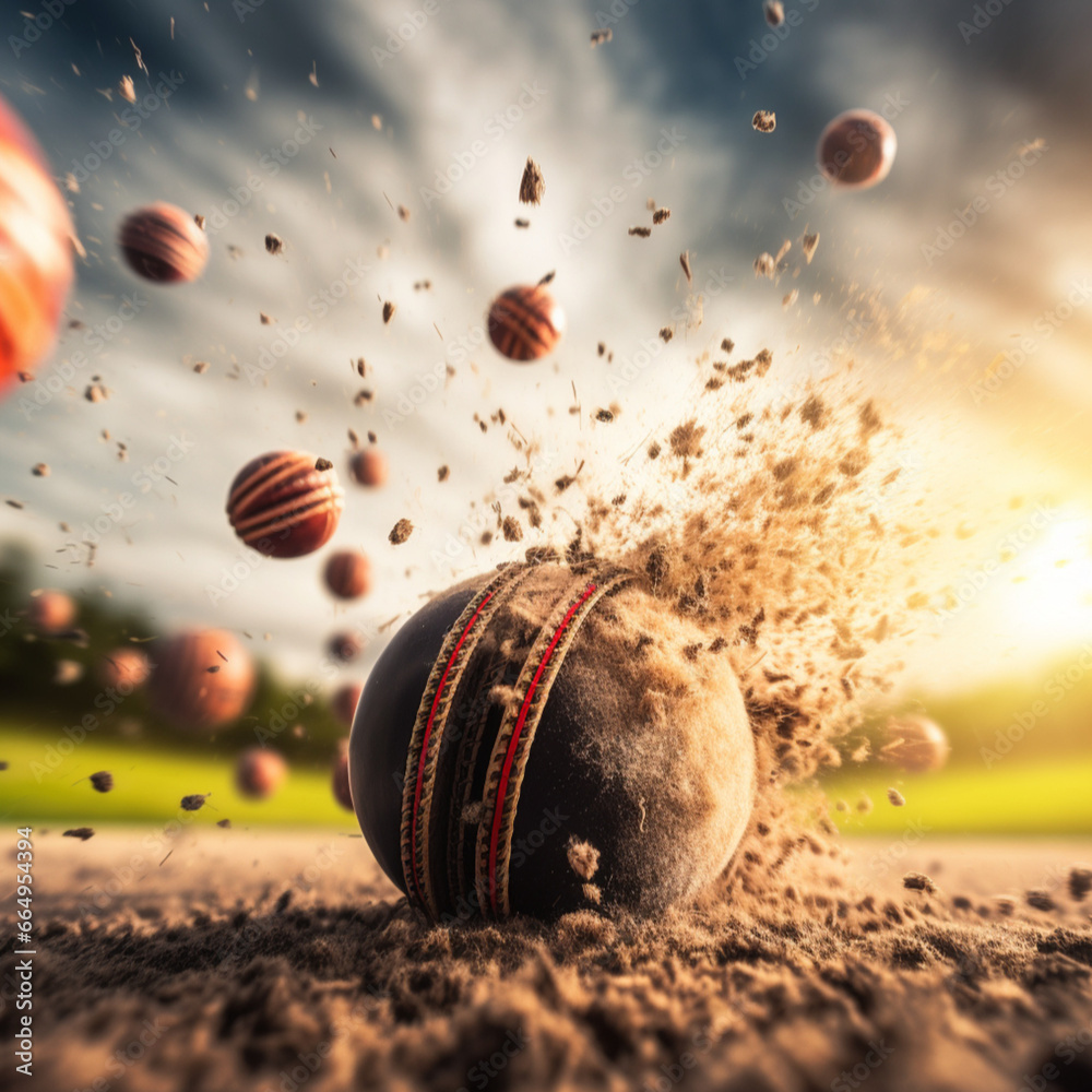 a close up photo of cricket ball hitting wickets in low angle