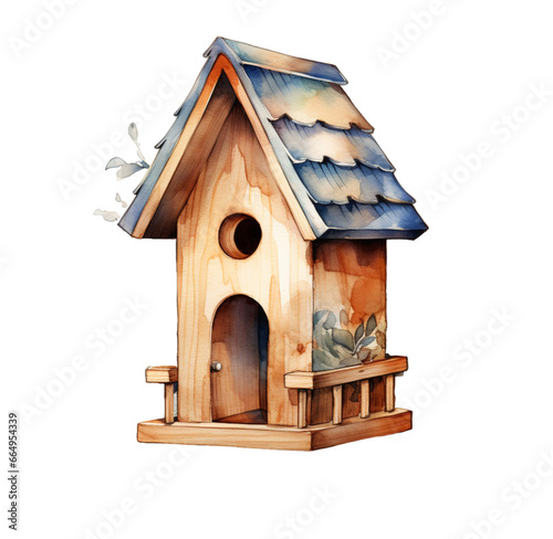 Watercolor birdhouse. Generative AI, png image.