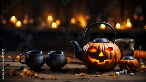 service à thé, théière et tasse sur le thème d'Halloween posé sur une table en bois dans une ambiance sombre et feutré photo