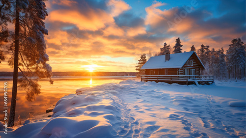 Beautiful winter landscape with a wooden house on the shore of the lake at sunset