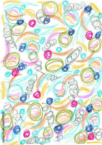 Contemporary art background  pencil stroke  retro style  doodle illustration. Children  kids sketch drawing. Green  pink  blue  yellow  white  purple  grey colors.