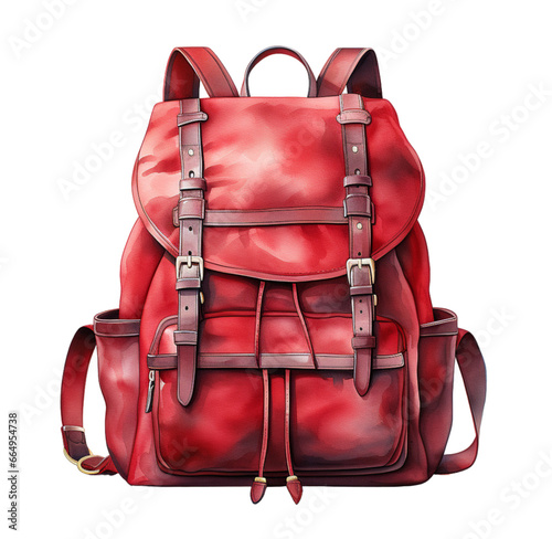 Watercolor day red backpack. Generative AI, png image.