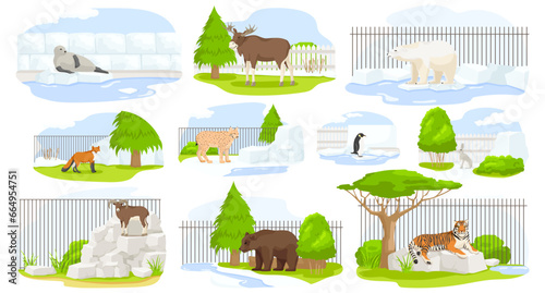 Cartoon zoo enclosure. Set of seal, deer, polar bear, fox, cheetah, penguin, rabbit, goat, tiger in aviary. Picturesque landscape, small pond and stream. Wild environment nature. Vector illustration