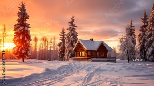 Beautiful winter landscape with a small wooden house in the forest at sunset © Alex