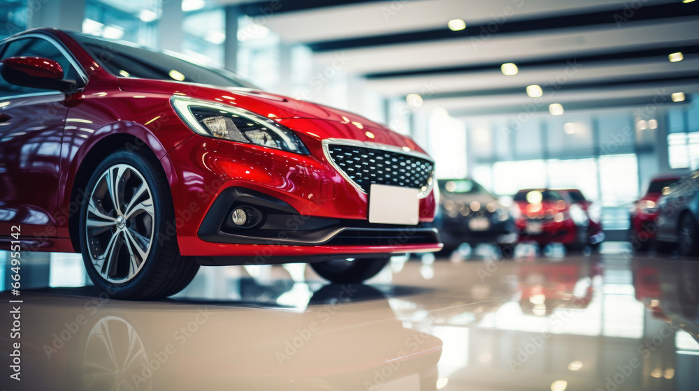 A blurred image of a new red car parked in a showroom at a car dealership. - obrazy, fototapety, plakaty 