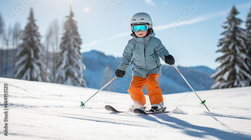 Young Child Skiing on a Serene, Sunlit Ski Trail