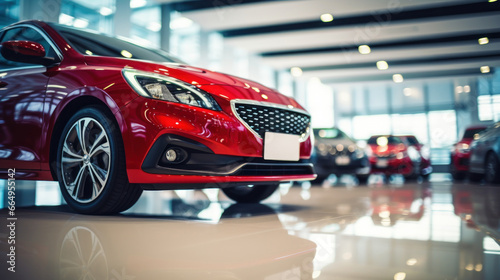 A blurred image of a new red car parked in a showroom at a car dealership. © sopiangraphics