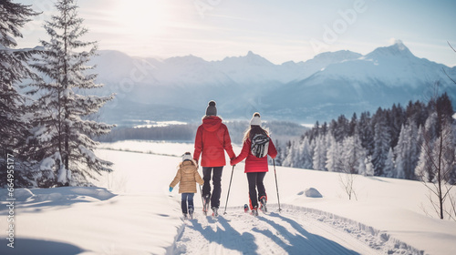 Family of Three Enjoying a Winter Stroll in a Ski Resort