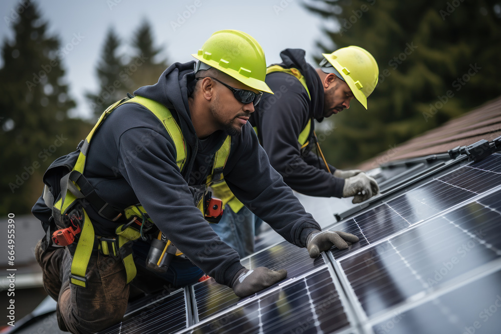 Workers install solar panels on the roof of the house, eco energy, green technologies, sustainable resources Workers install solar panels on the roof of the house, eco energy, green technologies, sustainable resources