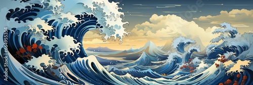 Beautiful Flower and Wave Background with Hokusai Art Style photo