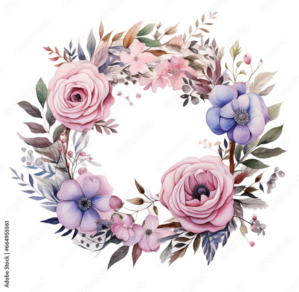 Watercolor floral wreath. Generative AI, png image.