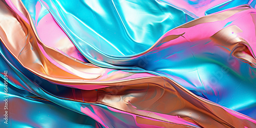 Rose gold and turquoise iridescent holographic surface shining. Futuristic twisted and crumpled aluminum foil made of liquid metal with color gradients.