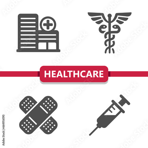 Healthcare Icons. Health Care, Staff Of Hermes, Bandage, Syringe, Injection, Vaccine Vector Icon