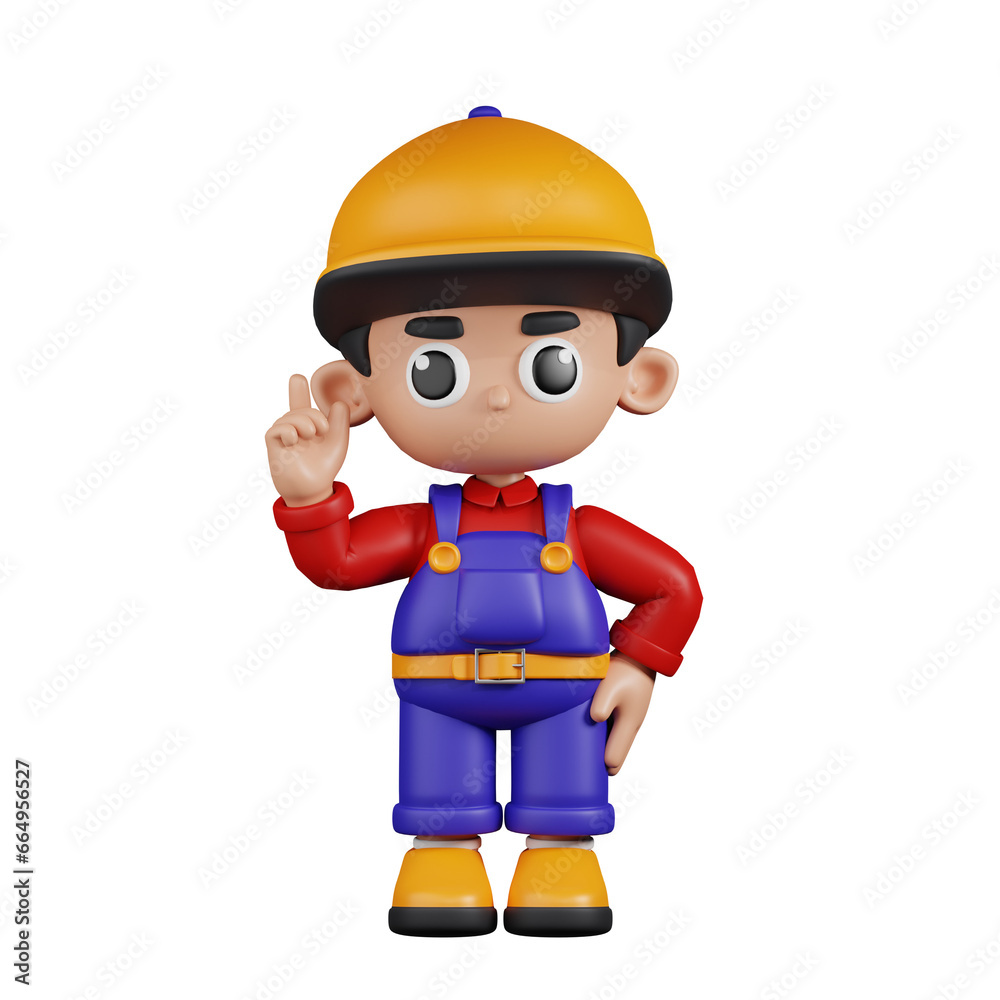 3d Character Mechanic Pointing Up Pose. 3d render isolated on transparent backdrop. 3d Character Mechanic Pointing Up Pose. 3d render isolated on transparent backdrop.