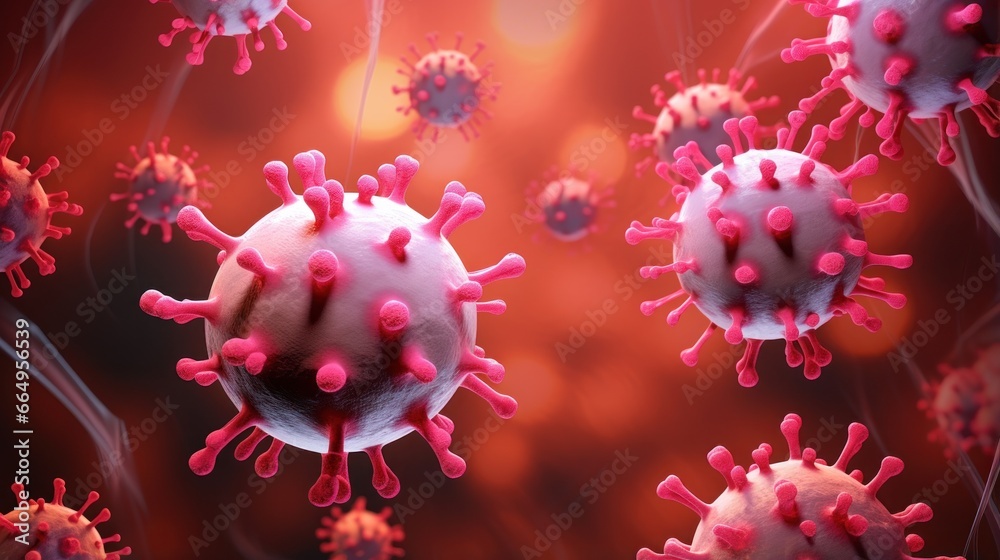 A 3D illustration of rabies virus cells, presented on a vibrant pink background. - obrazy, fototapety, plakaty 