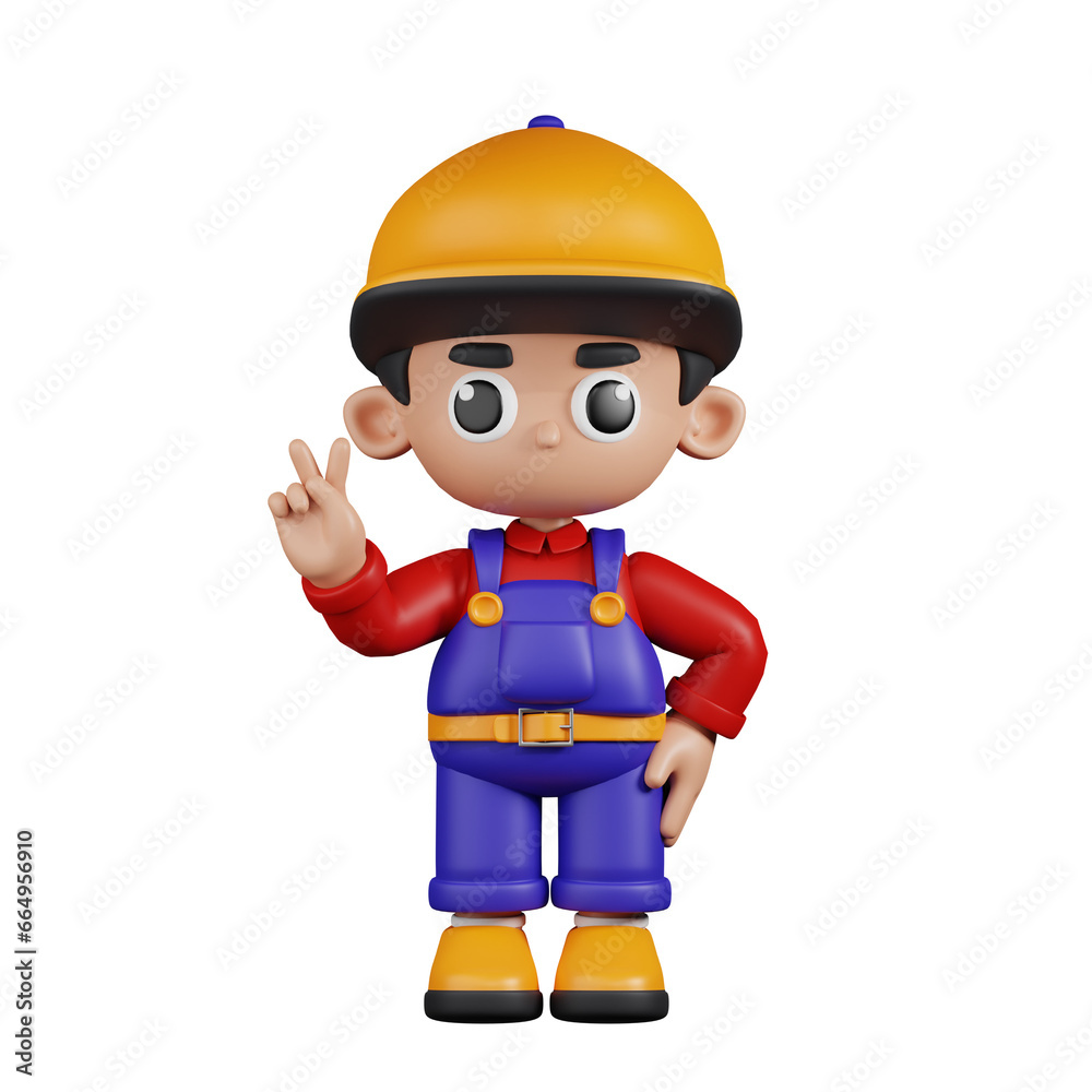 3d Character Mechanic Showing Peace Sign Pose. 3d render isolated on transparent backdrop. 3d Character Mechanic Showing Peace Sign Pose. 3d render isolated on transparent backdrop.