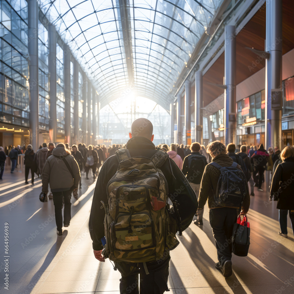 Man with a backpack, he is walking in a crowded place, it can be a train station, bus station or shopping mall. Transit in a crowded place of a person with a backpack seen from behind.
