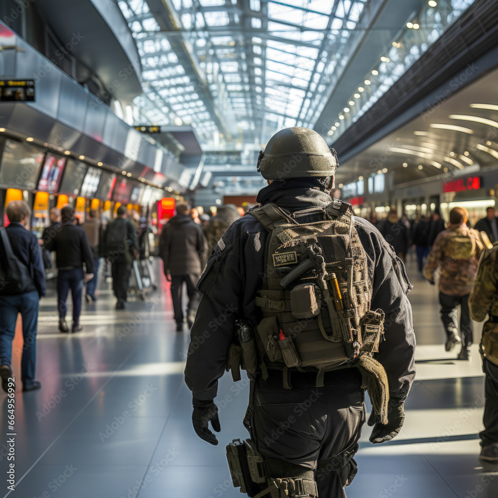 a military man patrolling at an airport. Increased attack alert level. crowded airport with a military man seen from behind to ensure security in case of a terrorist attack or threat. USA