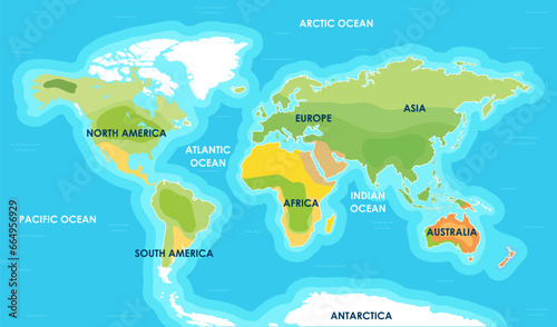 World map. Continents of Africa, Asia, Australia, Earth, Europe, South and North America. Earth planet. Pacific, Atlantic, Indian, Arctic ocean. Concept of cartography, geography. Vector illustration
