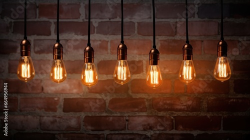 A collection of decorative antique Edison-style light bulbs showcased against a textured brick wall backdrop. photo