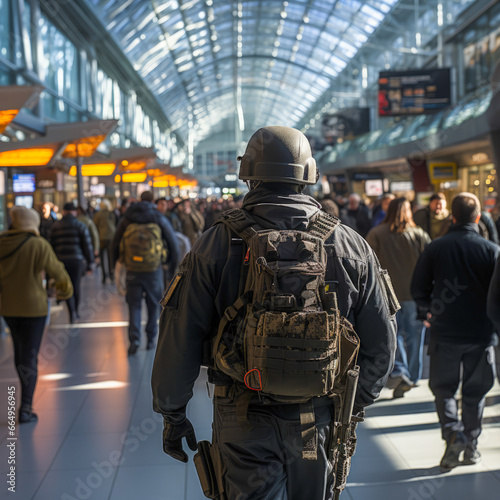 a military man patrolling at an airport. Increased attack alert level. crowded airport with a military man seen from behind to ensure security in case of a terrorist attack or threat. EUROPE