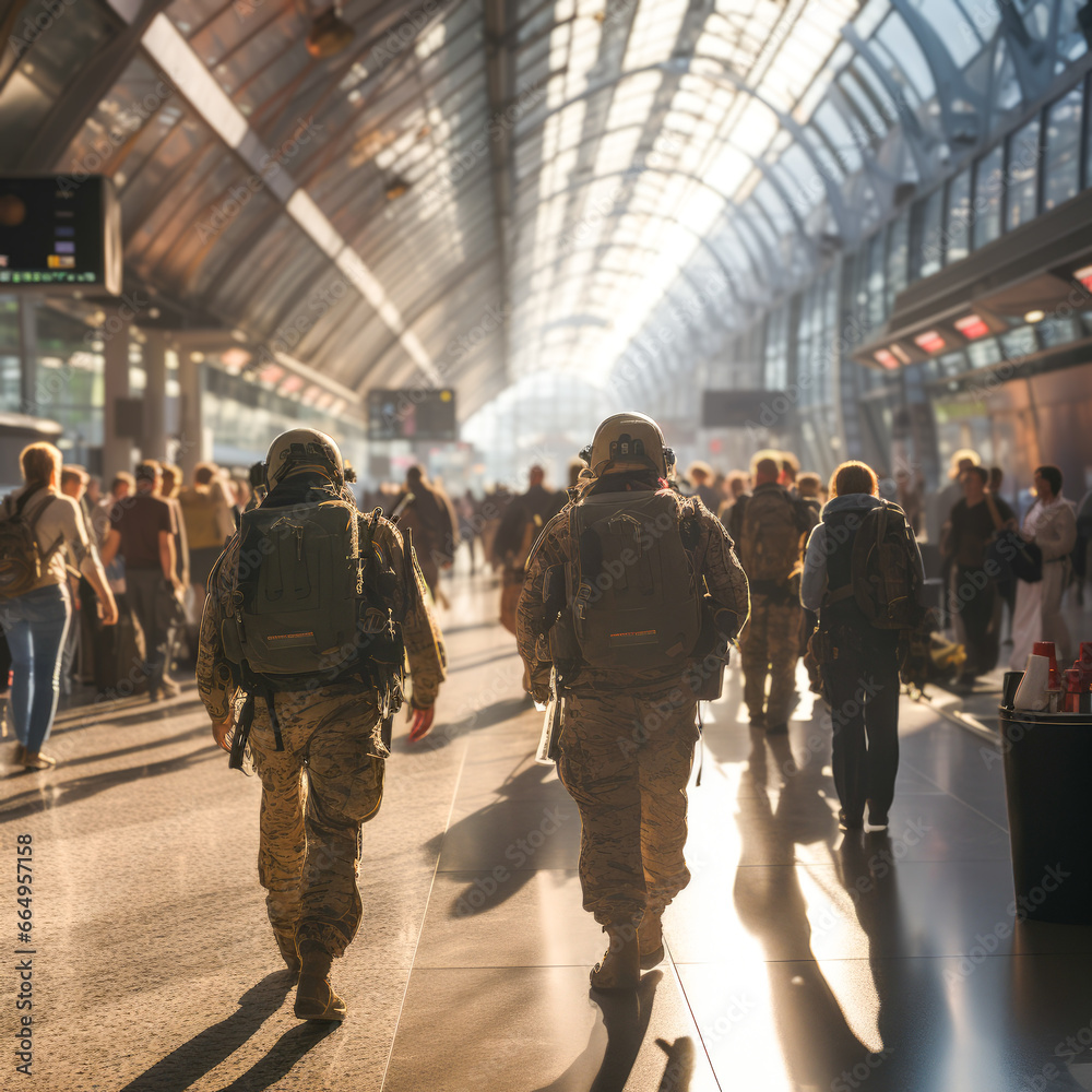 Two military personnel patrol at an airport. Increased attack alert level. crowded airport with two military seen from behind to ensure security in case of terrorist attack.