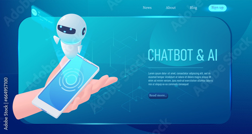 Man holding smartphone. Chat bot robot. Speech bubble hologram. Network interface. Website landing page. Artificial intelligence technology. Futuristic innovation. Blue background. Vector illustration
