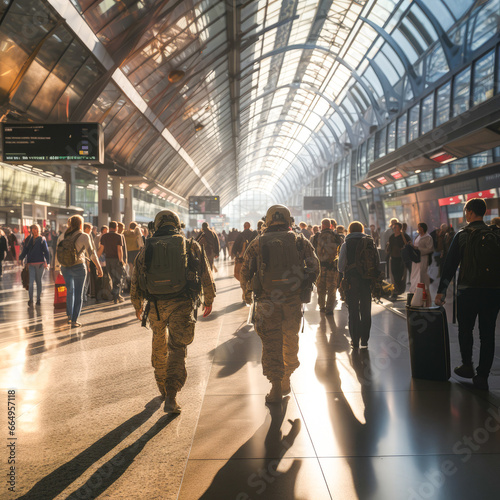 Obraz na płótnie Two military personnel patrol at an airport. Increased attack alert level. crowded airport with two military personnel seen from behind to ensure security in case of terrorist attack. w salonie