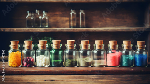 Vintage medications in small bottles on wood desk. Old medical, chemistry and pharmacy history concept background. Retro style