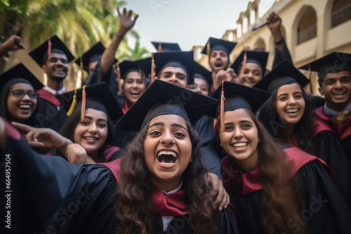 Young indian graduates students group celebrating at college campus