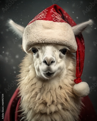 portrait of a funny alpaca with a santa hat, suitable for christmas greeting cards - ai-generated © Nicola