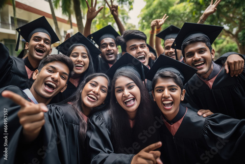 Young indian graduates students group celebrating at college campus
