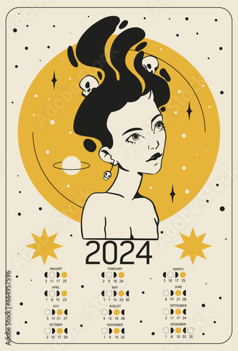 One page moon calendar 2024 year. Lunar phases schedule and cycles for 2024 year.