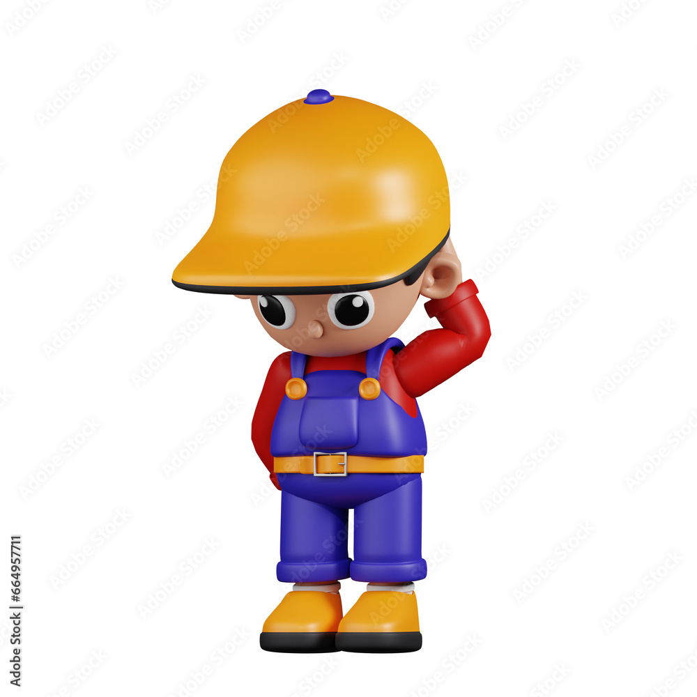3d Character Mechanic Worry Pose. 3d render isolated on transparent backdrop. 3d Character Mechanic Worry Pose. 3d render isolated on transparent backdrop.