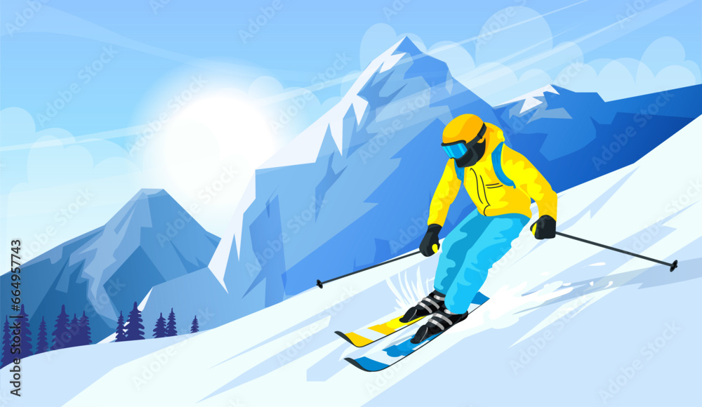 Skier in yellow jacket. Active winter sport. Extreme freestyle downhill on snowy slope. Picturesque landscape, ski season, outdoor vacation, memorable resort. Recreation concept. Vector illustration - obrazy, fototapety, plakaty 