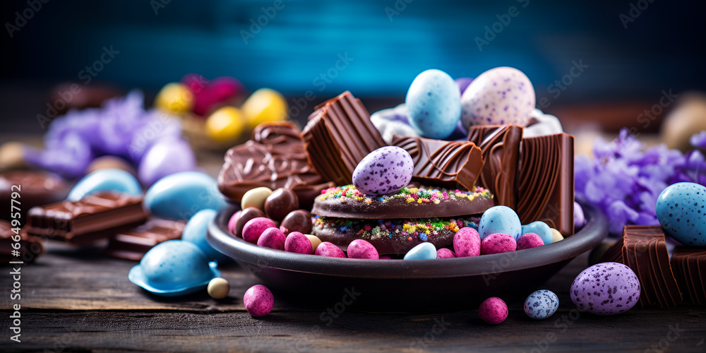 Easter chocolate egg the chocolate egg entered the traditions of the holy week festivities the chocolate egg ,Table filled with colorful Easter treats such as chocolate eggs and candies Generative AI
