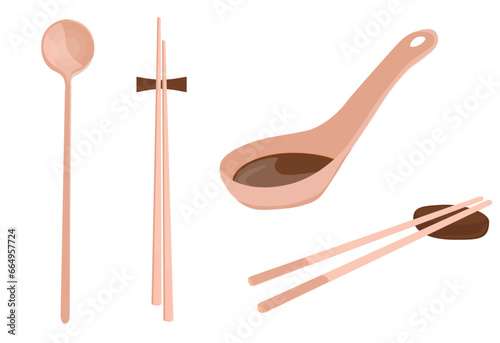 Chinese chopsticks vector stock illustration. Wooden spoon for soup and rice. Traditional Cutlery in East Asia (Japan, China, Korea, Vietnam). Isolated on a white background.