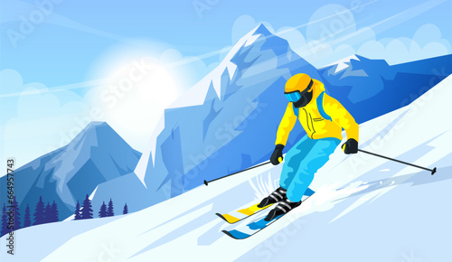 Skier in yellow jacket. Active winter sport. Extreme freestyle downhill on snowy slope. Picturesque landscape, ski season, outdoor vacation, memorable resort. Recreation concept. Vector illustration
