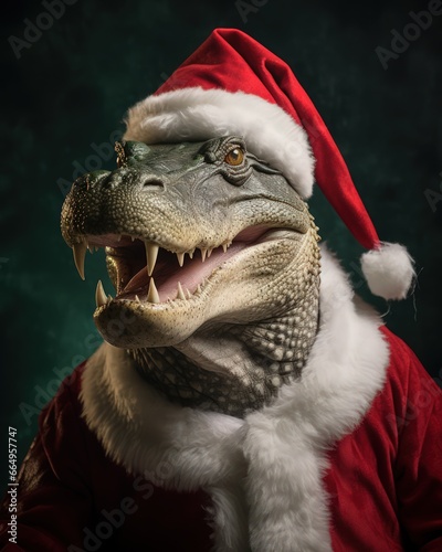 portrait of a funny crocodile with a santa hat, suitable for christmas greeting cards - ai-generated © Nicola