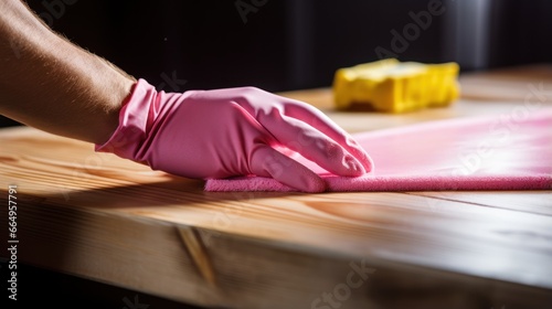 A man's hands, protected by pink rubber gloves, diligently polish the wooden table's surface with a yellow cloth.