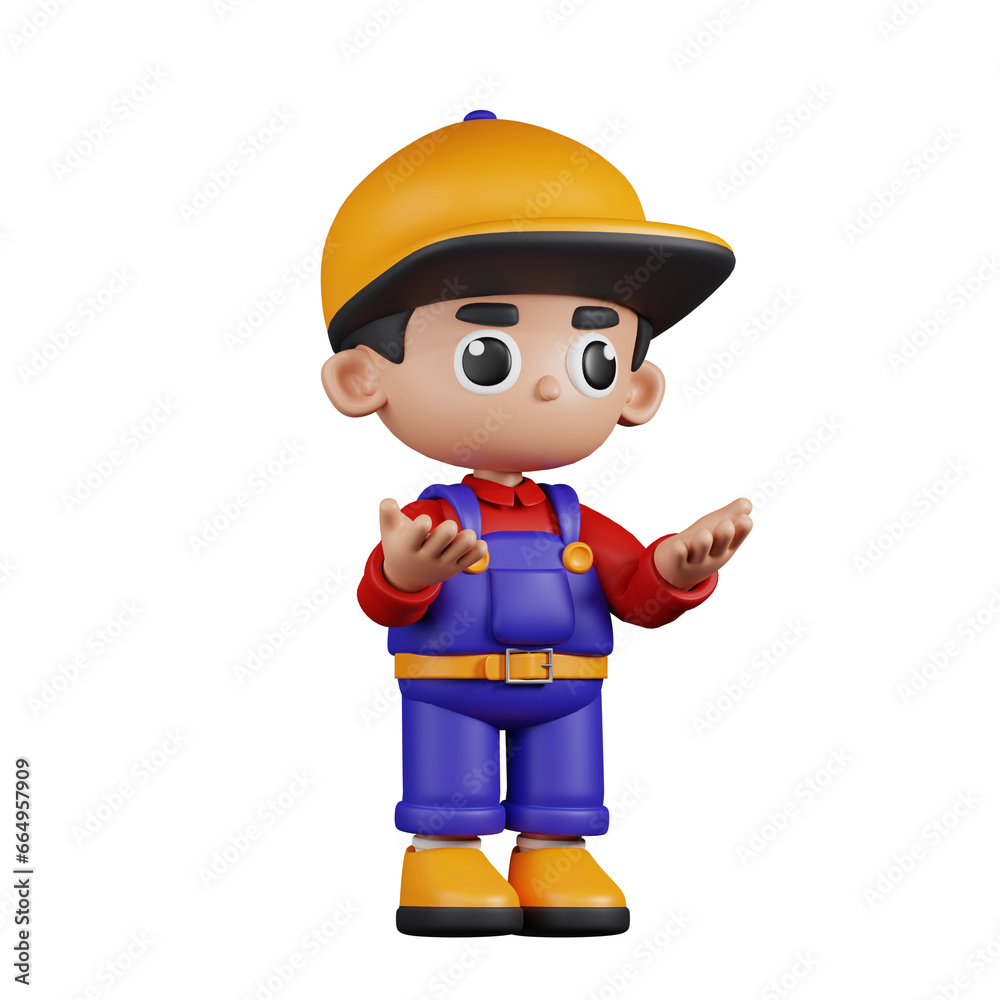 3d Character Mechanic Angry Pose. 3d render isolated on transparent backdrop.